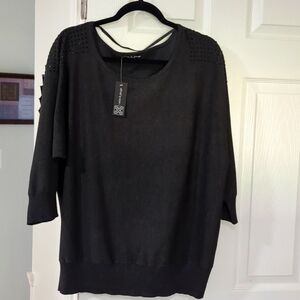 NWT CABLE & GAUGE RHINESTONE SHOULDER, 3/4 SLEEVE SIZE 1X DARK GRAY SWEATER